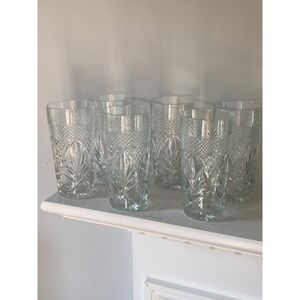 Vintage Pressed Glass Highball Tumblers Set of 6 Clear Diamond Cut Pattern 6in